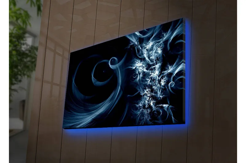 Canvastavla med LED-belysning 45x70 cm - Abstrakt komposition med svarta och blåa svirls, Mörkblå / Ljusblå / Svart