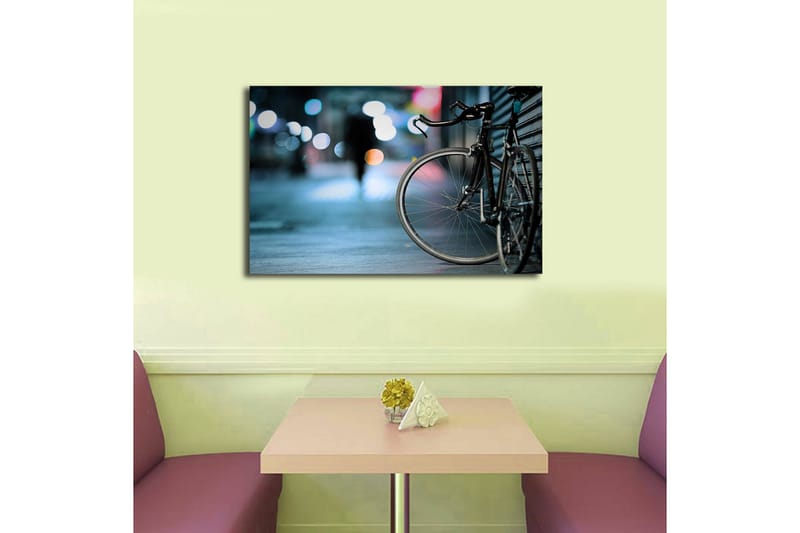 Canvastavla med LED-belysning 45x70 cm - Cykel i stadsmiljö med suddiga ljusreflexer - Svart / Blå / Grå - Inredning & dekor - Tavlor & konst - Canvastavla