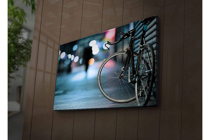 Canvastavla med LED-belysning 45x70 cm - Cykel i stadsmiljö med suddiga ljusreflexer - Svart / Blå / Grå - Inredning & dekor - Tavlor & konst - Canvastavla