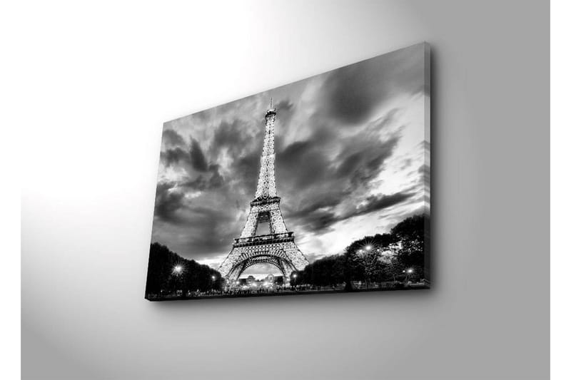 Canvastavla med LED-belysning 45x70 cm - Dramatisk fotobild över upptänt Eiffeltorn i Paris med molnhimmel i svartvit - Svart / Vit - Inredning & dekor - Tavlor & konst - Canvastavla