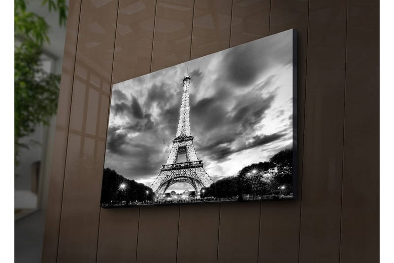 Canvastavla med LED-belysning 45x70 cm - Dramatisk fotobild över upptänt Eiffeltorn i Paris med molnhimmel i svartvit - Svart / Vit - Inredning & dekor - Tavlor & konst - Canvastavla