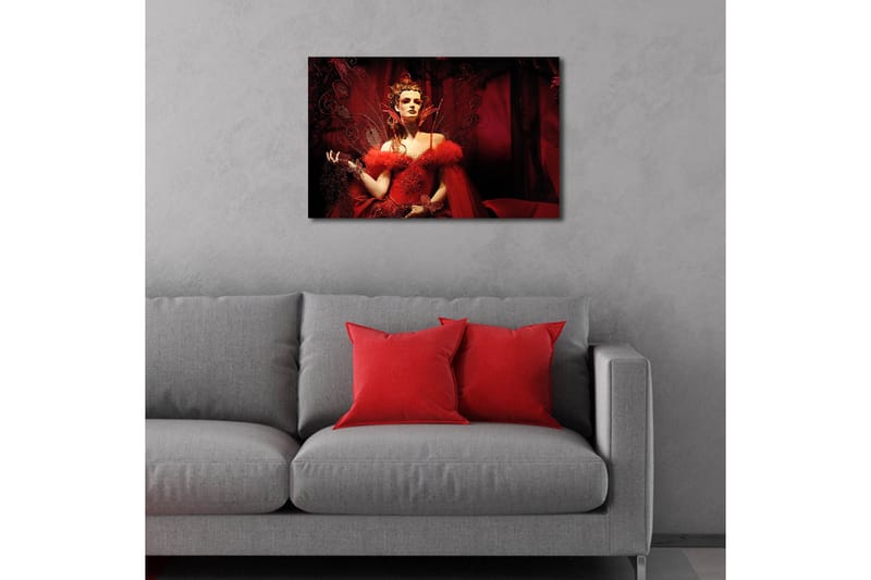 Canvastavla med LED-belysning 45x70 cm - Dramatiskt porträtt av en kvinna i röd klänning med fjädrar och glittrande detaljer - Röd / Svart - Inredning & dekor - Tavlor & konst - Canvastavla