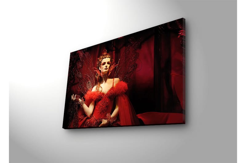 Canvastavla med LED-belysning 45x70 cm - Dramatiskt porträtt av en kvinna i röd klänning med fjädrar och glittrande detaljer - Röd / Svart - Inredning & dekor - Tavlor & konst - Canvastavla
