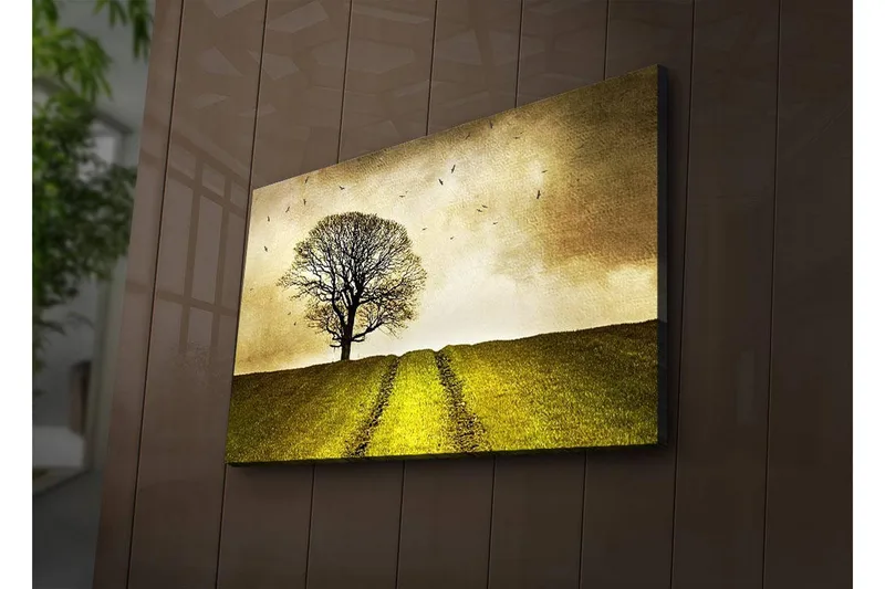 Canvastavla med LED-belysning 45x70 cm - Ensam trädkrona på en grön kulle under en gyllene himmel - Guld / Grön / Brun - Inredning & dekor - Tavlor & konst - Canvastavla