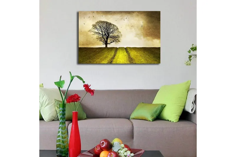 Canvastavla med LED-belysning 45x70 cm - Ensam trädkrona på en grön kulle under en gyllene himmel - Guld / Grön / Brun - Inredning & dekor - Tavlor & konst - Canvastavla