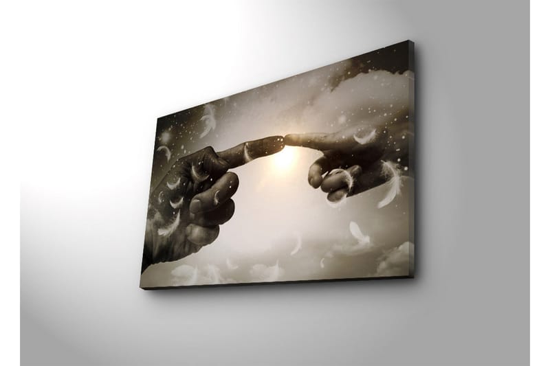 Canvastavla med LED-belysning 45x70 cm - Fingrar som nästan möts i en himmelsk miljö - Grå / Vit / Beige - Inredning & dekor - Tavlor & konst - Canvastavla