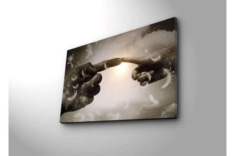 Canvastavla med LED-belysning 45x70 cm - Fingrar som nästan möts i en himmelsk miljö - Grå / Vit / Beige - Inredning & dekor - Tavlor & konst - Canvastavla