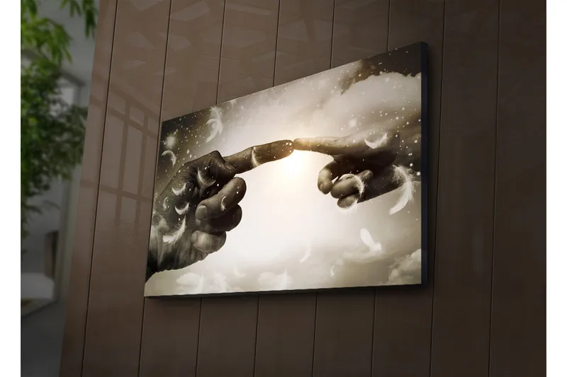 Canvastavla med LED-belysning 45x70 cm - Fingrar som nästan möts i en himmelsk miljö - Grå / Vit / Beige - Inredning & dekor - Tavlor & konst - Canvastavla