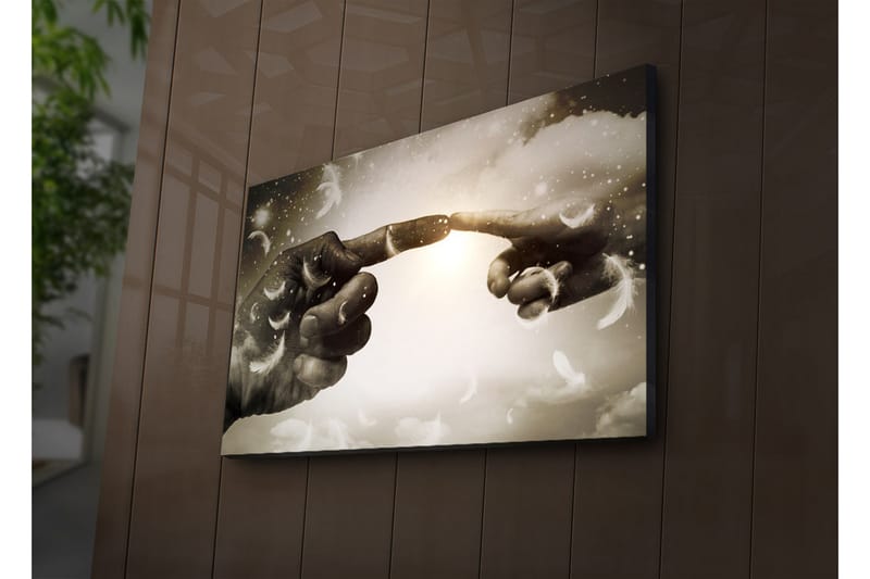Canvastavla med LED-belysning 45x70 cm - Fingrar som nästan möts i en himmelsk miljö - Grå / Vit / Beige - Inredning & dekor - Tavlor & konst - Canvastavla