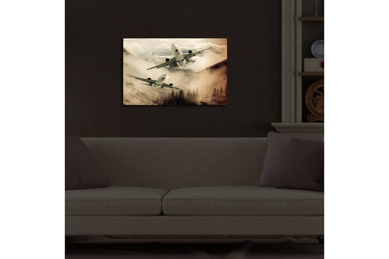 Canvastavla med LED-belysning 45x70 cm - Flygplan som svävar över dimmiga bergstoppar - Grå / Beige / Mörkgrön - Inredning & dekor - Tavlor & konst - Canvastavla