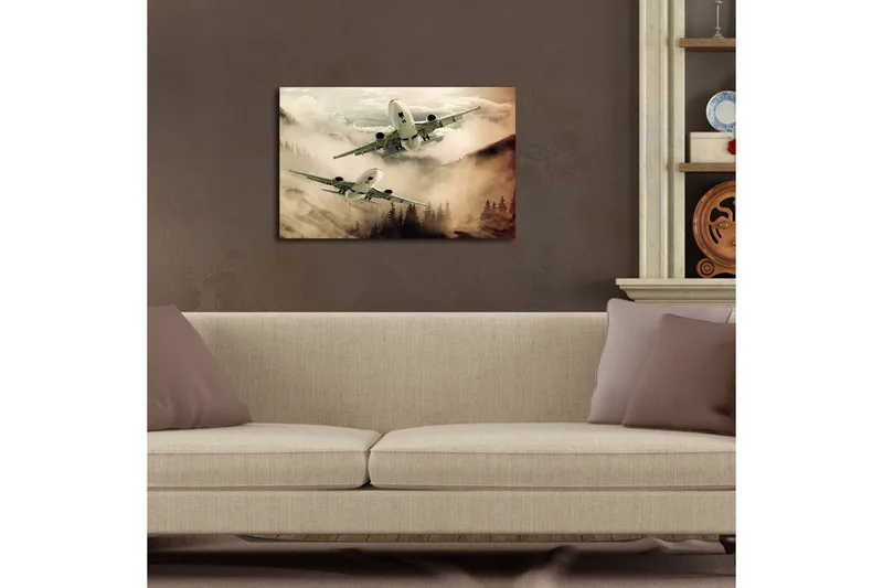 Canvastavla med LED-belysning 45x70 cm - Flygplan som svävar över dimmiga bergstoppar - Grå / Beige / Mörkgrön - Inredning & dekor - Tavlor & konst - Canvastavla
