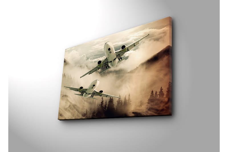 Canvastavla med LED-belysning 45x70 cm - Flygplan som svävar över dimmiga bergstoppar - Grå / Beige / Mörkgrön - Inredning & dekor - Tavlor & konst - Canvastavla