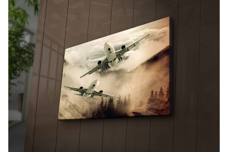 Canvastavla med LED-belysning 45x70 cm - Flygplan som svävar över dimmiga bergstoppar - Grå / Beige / Mörkgrön - Inredning & dekor - Tavlor & konst - Canvastavla