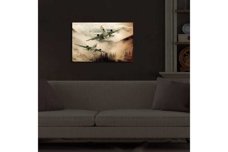 Canvastavla med LED-belysning 45x70 cm - Flygplan som svävar över dimmiga bergstoppar - Grå / Beige / Mörkgrön - Inredning & dekor - Tavlor & konst - Canvastavla