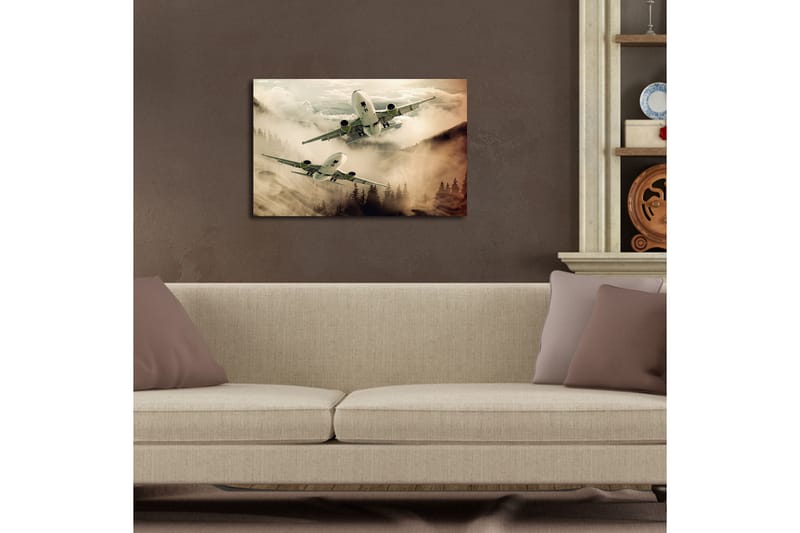 Canvastavla med LED-belysning 45x70 cm - Flygplan som svävar över dimmiga bergstoppar - Grå / Beige / Mörkgrön - Inredning & dekor - Tavlor & konst - Canvastavla