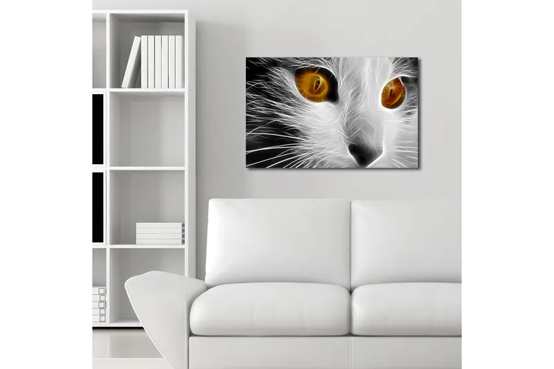 Canvastavla med LED-belysning 45x70 cm - Kattans ansikte med intensiva ögon - Vit / Svart / Orange - Inredning & dekor - Tavlor & konst - Canvastavla