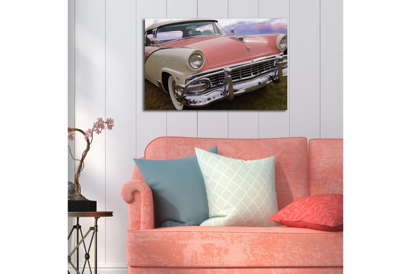 Canvastavla med LED-belysning 45x70 cm - Klassisk bil med retrodesign i pastellfärger - Rosa / Vit / Krom - Inredning & dekor - Tavlor & konst - Canvastavla