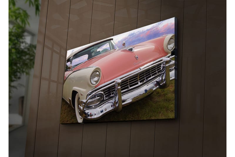 Canvastavla med LED-belysning 45x70 cm - Klassisk bil med retrodesign i pastellfärger - Rosa / Vit / Krom - Inredning & dekor - Tavlor & konst - Canvastavla