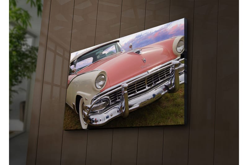 Canvastavla med LED-belysning 45x70 cm - Klassisk bil med retrodesign i pastellfärger - Rosa / Vit / Krom - Inredning & dekor - Tavlor & konst - Canvastavla