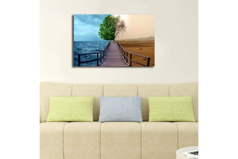 Canvastavla med LED-belysning 45x70 cm - Kontrast mellan en grönskande trädkant och en ökenlandskap - Grön / Blå / Beige - Inredning & dekor - Tavlor & konst - Canvastavla