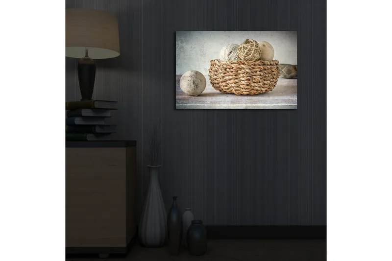 Canvastavla med LED-belysning 45x70 cm - Korg med dekorativa ägg och snöre - Beige / Grå / Brun - Inredning & dekor - Tavlor & konst - Canvastavla