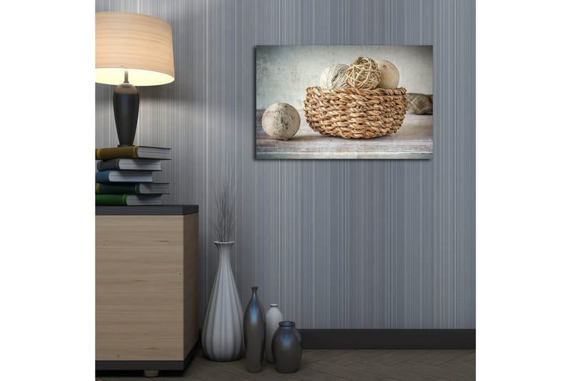 Canvastavla med LED-belysning 45x70 cm - Korg med dekorativa ägg och snöre - Beige / Grå / Brun - Inredning & dekor - Tavlor & konst - Canvastavla