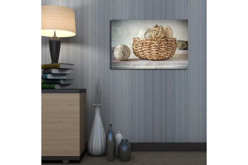 Canvastavla med LED-belysning 45x70 cm - Korg med dekorativa ägg och snöre - Beige / Grå / Brun - Inredning & dekor - Tavlor & konst - Canvastavla