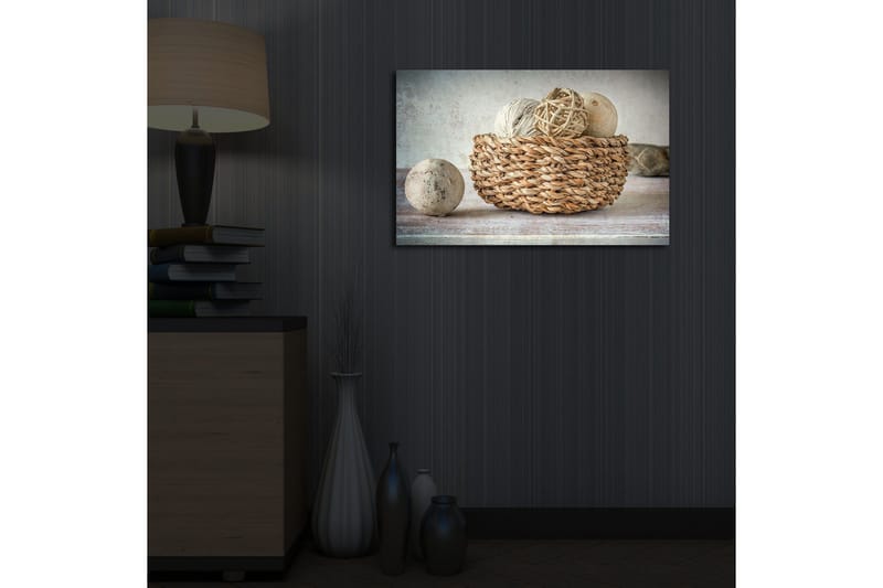 Canvastavla med LED-belysning 45x70 cm - Korg med dekorativa ägg och snöre - Beige / Grå / Brun - Inredning & dekor - Tavlor & konst - Canvastavla