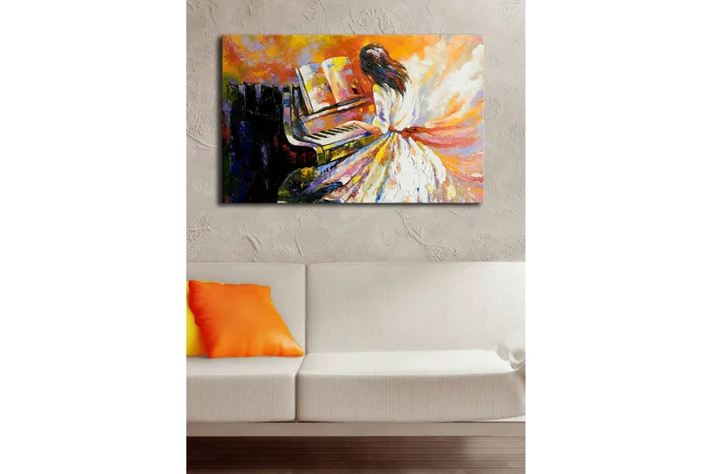 Canvastavla med LED-belysning 45x70 cm - Kvinna i vit klänning som spelar piano med färgstarka, abstrakta bakgrunder - Orange / Vit / Svart - Inredning & dekor - Tavlor & konst - Canvastavla