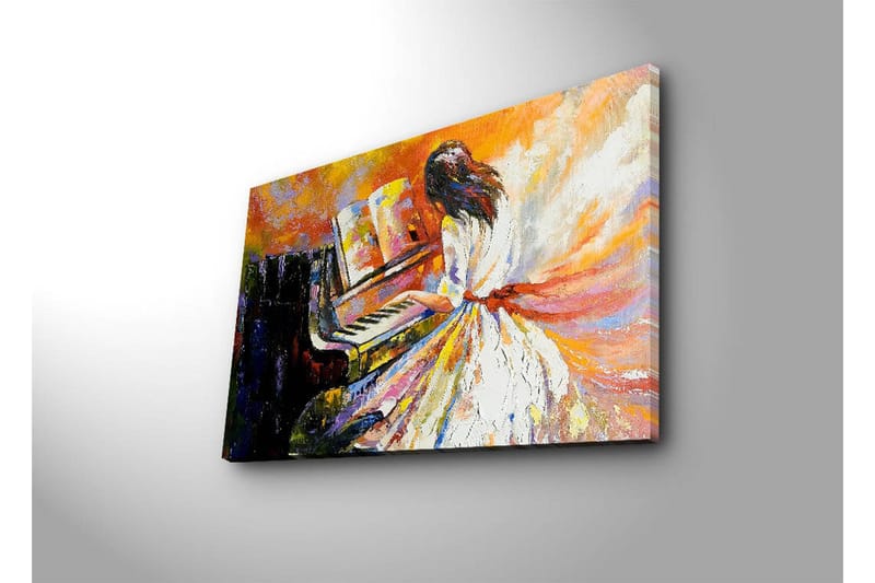 Canvastavla med LED-belysning 45x70 cm - Kvinna i vit klänning som spelar piano med färgstarka, abstrakta bakgrunder - Orange / Vit / Svart - Inredning & dekor - Tavlor & konst - Canvastavla