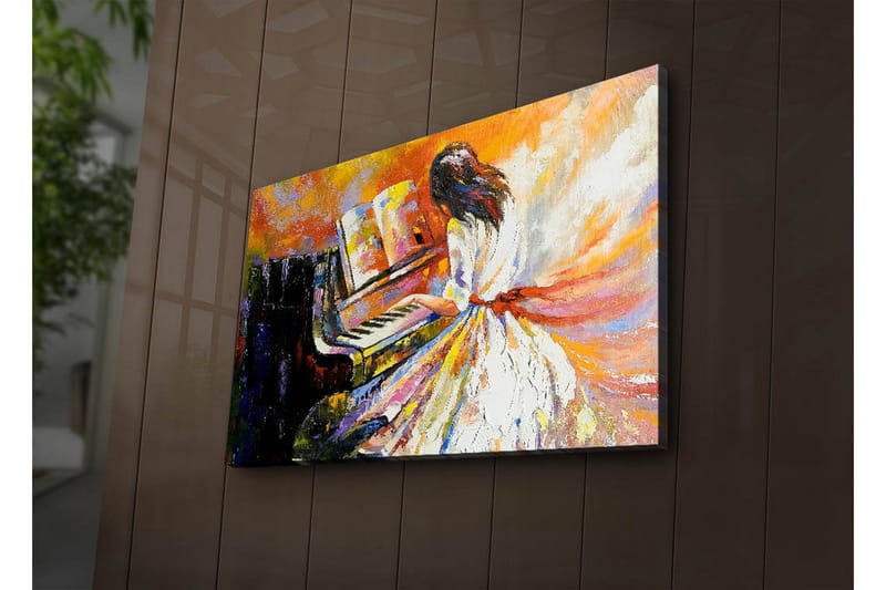 Canvastavla med LED-belysning 45x70 cm - Kvinna i vit klänning som spelar piano med färgstarka, abstrakta bakgrunder - Orange / Vit / Svart - Inredning & dekor - Tavlor & konst - Canvastavla