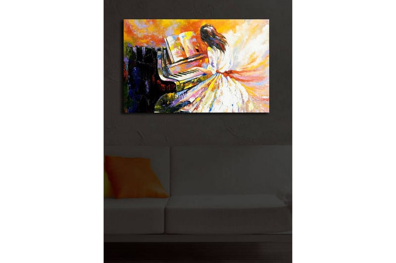 Canvastavla med LED-belysning 45x70 cm - Kvinna i vit klänning som spelar piano med färgstarka, abstrakta bakgrunder - Orange / Vit / Svart - Inredning & dekor - Tavlor & konst - Canvastavla