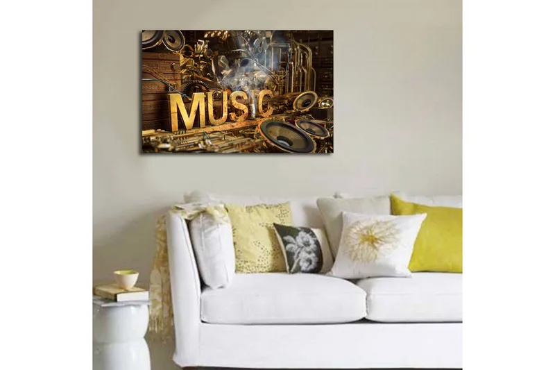 Canvastavla med LED-belysning 45x70 cm - Musikaliskt collage med instrument och högtalare - Guld / Brunt / Svart - Inredning & dekor - Tavlor & konst - Canvastavla