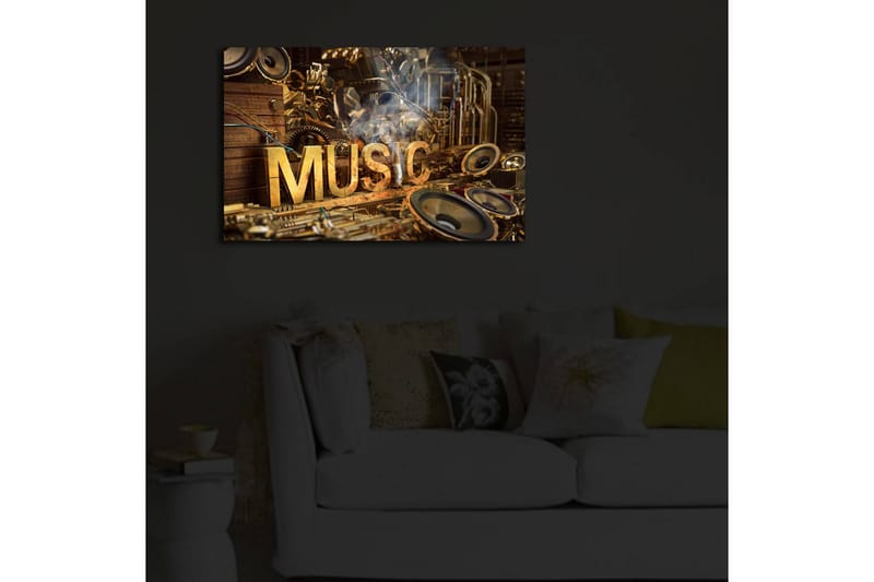Canvastavla med LED-belysning 45x70 cm - Musikaliskt collage med instrument och högtalare - Guld / Brunt / Svart - Inredning & dekor - Tavlor & konst - Canvastavla