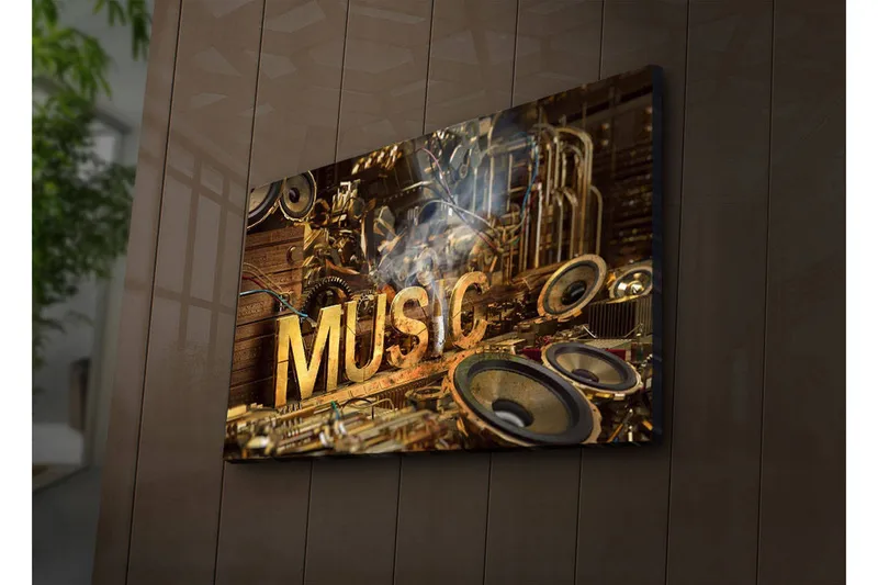 Canvastavla med LED-belysning 45x70 cm - Musikaliskt collage med instrument och högtalare, Guld / Brunt / Svart