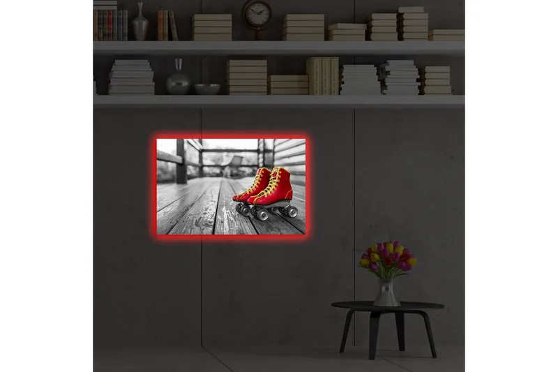 Canvastavla med LED-belysning 45x70 cm - Röda skridskor på en träbana - Röd / Gul / Grå - Inredning & dekor - Tavlor & konst - Canvastavla