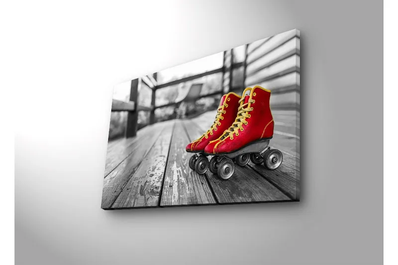 Canvastavla med LED-belysning 45x70 cm - Röda skridskor på en träbana - Röd / Gul / Grå - Inredning & dekor - Tavlor & konst - Canvastavla