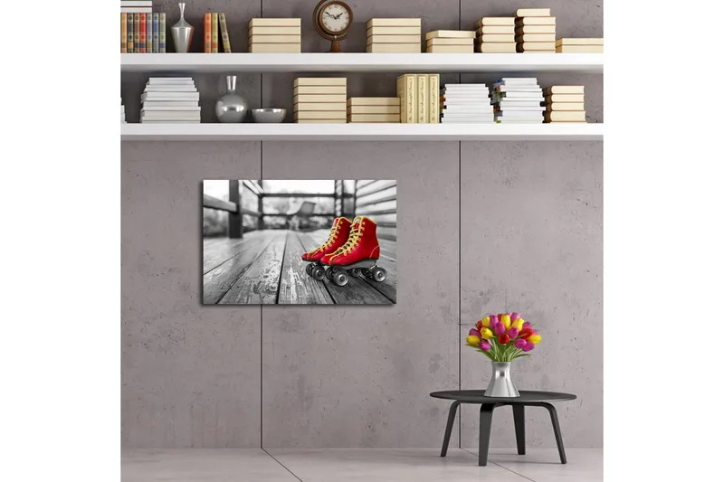 Canvastavla med LED-belysning 45x70 cm - Röda skridskor på en träbana - Röd / Gul / Grå - Inredning & dekor - Tavlor & konst - Canvastavla