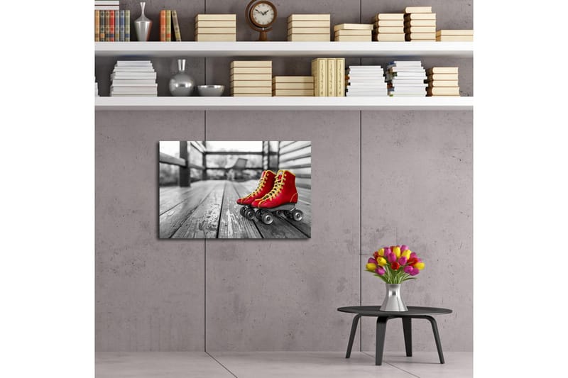 Canvastavla med LED-belysning 45x70 cm - Röda skridskor på en träbana - Röd / Gul / Grå - Inredning & dekor - Tavlor & konst - Canvastavla