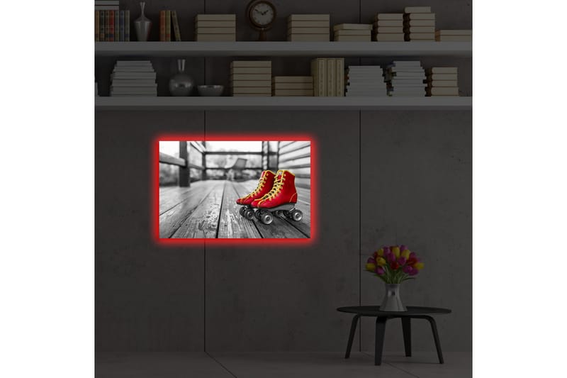 Canvastavla med LED-belysning 45x70 cm - Röda skridskor på en träbana - Röd / Gul / Grå - Inredning & dekor - Tavlor & konst - Canvastavla