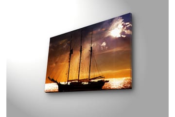 Canvastavla med LED-belysning 45x70 cm - Segelbåt mot en solnedgång över havet - Orange / Svart / Guld - Inredning & dekor - Tavlor & konst - Canvastavla