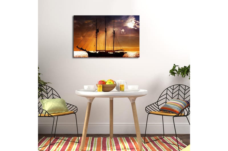 Canvastavla med LED-belysning 45x70 cm - Segelbåt mot en solnedgång över havet - Orange / Svart / Guld - Inredning & dekor - Tavlor & konst - Canvastavla