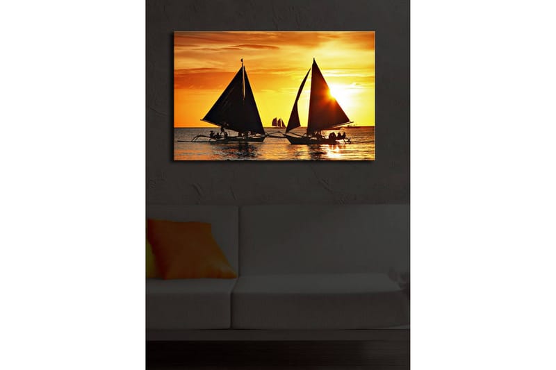 Canvastavla med LED-belysning 45x70 cm - Segelbåtar mot en solnedgång på havet - Guld / Svart / Orange - Inredning & dekor - Tavlor & konst - Canvastavla