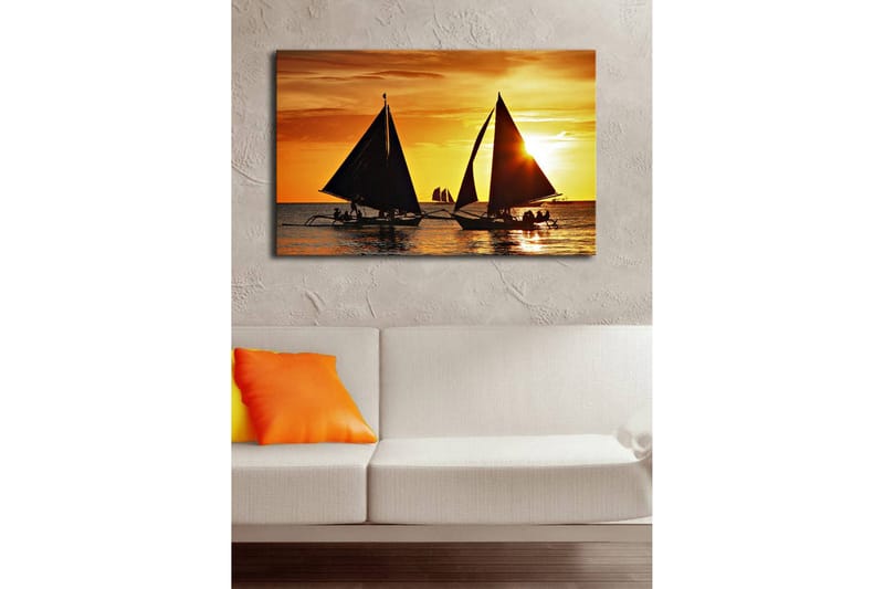 Canvastavla med LED-belysning 45x70 cm - Segelbåtar mot en solnedgång på havet - Guld / Svart / Orange - Inredning & dekor - Tavlor & konst - Canvastavla