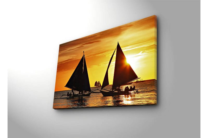 Canvastavla med LED-belysning 45x70 cm - Segelbåtar mot en solnedgång på havet - Guld / Svart / Orange - Inredning & dekor - Tavlor & konst - Canvastavla