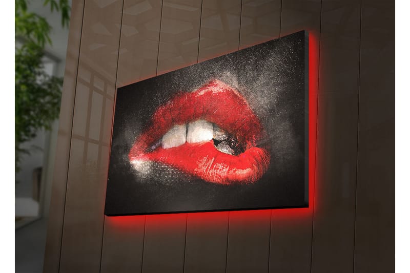 Canvastavla med LED-belysning 45x70 cm - Sensuella läppar i röd färg med en dramatisk kontrast mot en mörk bakgrund - Röd / Svart - Inredning & dekor - Tavlor & konst - Canvastavla