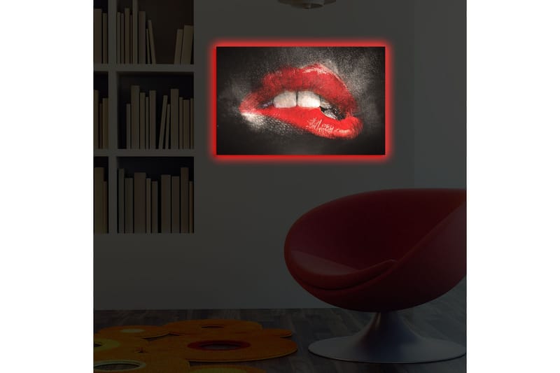 Canvastavla med LED-belysning 45x70 cm - Sensuella läppar i röd färg med en dramatisk kontrast mot en mörk bakgrund - Röd / Svart - Inredning & dekor - Tavlor & konst - Canvastavla