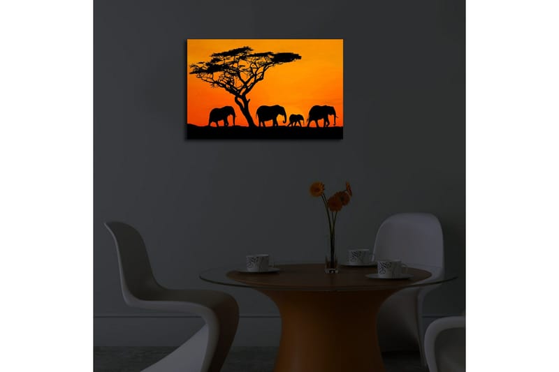Canvastavla med LED-belysning 45x70 cm - Silhuetter av elefanter mot en solnedgång - Orange / Svart - Inredning & dekor - Tavlor & konst - Canvastavla