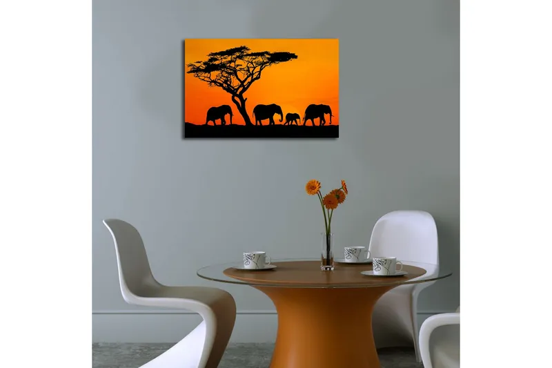 Canvastavla med LED-belysning 45x70 cm - Silhuetter av elefanter mot en solnedgång - Orange / Svart - Inredning & dekor - Tavlor & konst - Canvastavla