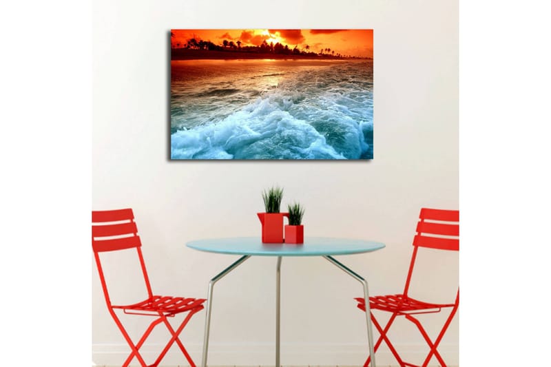 Canvastavla med LED-belysning 45x70 cm - Solnedgång över havet med vågor som skummar vid stranden - Orange / Blå / Vit - Inredning & dekor - Tavlor & konst - Canvastavla